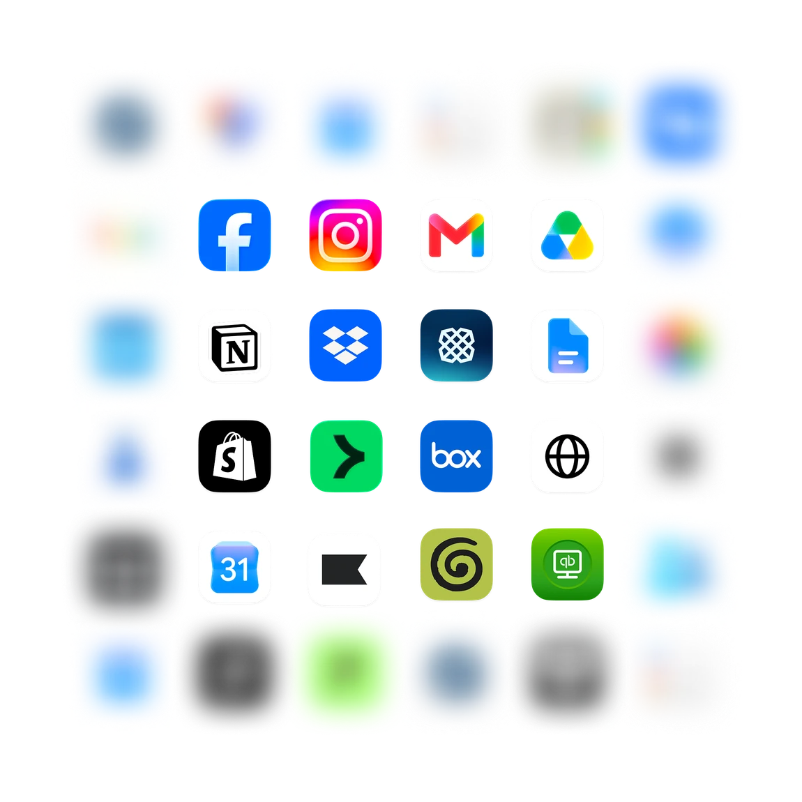 A grid of connected business apps, including Facebook, Instagram, Shopify, and QuickBooks
