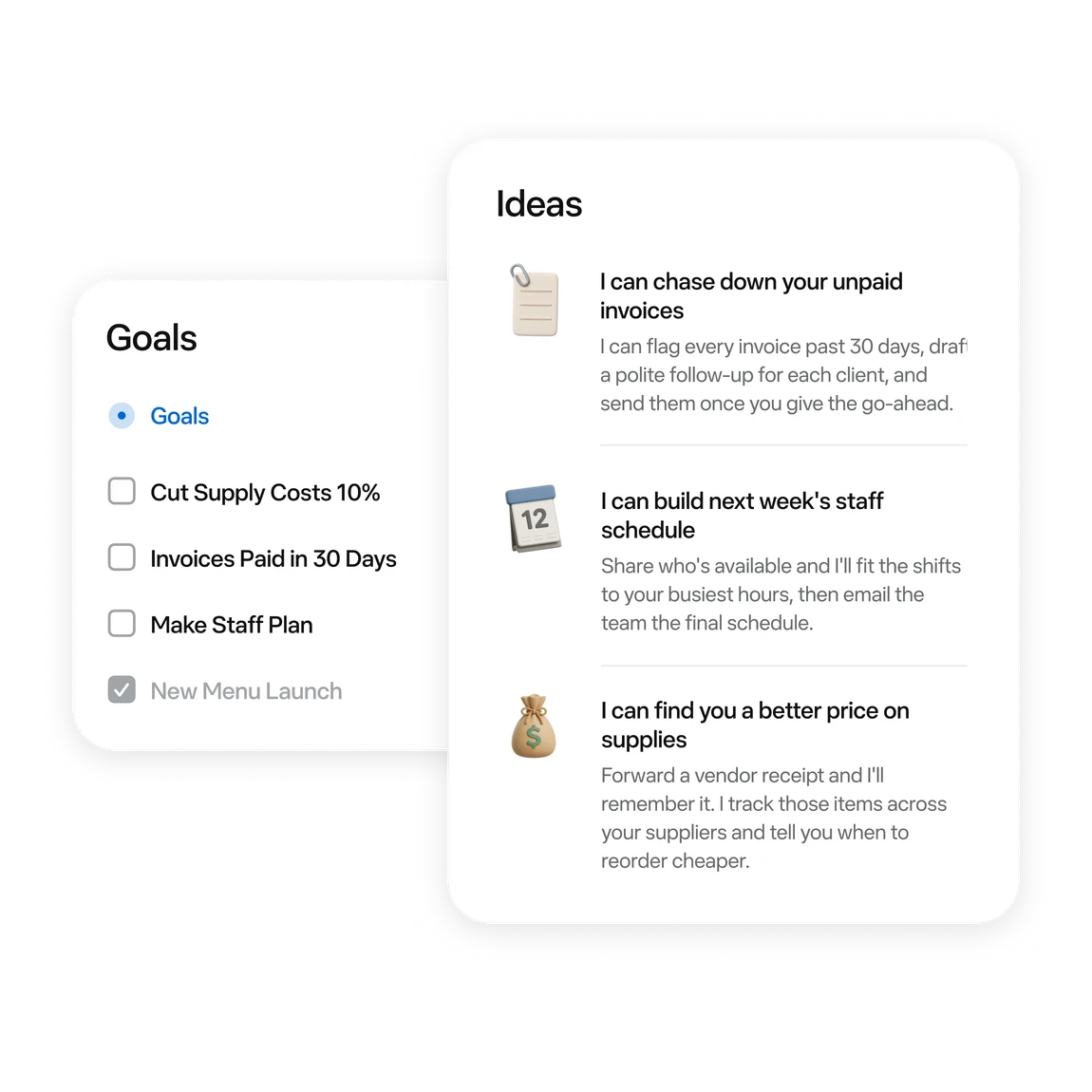 Business goals and Muse suggestions for invoices, staff schedules, and supplies